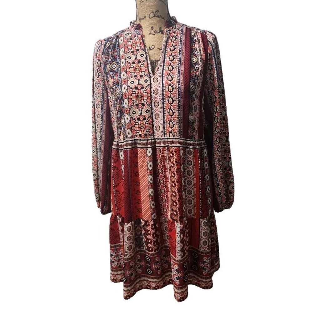 Loft Womens Size S Border Stripe Tiered Dress Red Boho Notch Neck